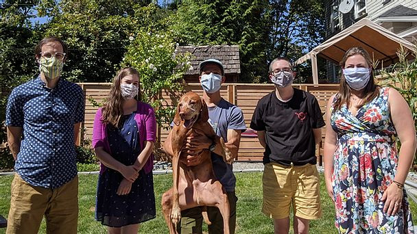 The research team: Aaron Call, Amber Holden, Ukiah the dog, Alan Teo, Wynn Strange, and Emily Metcalf