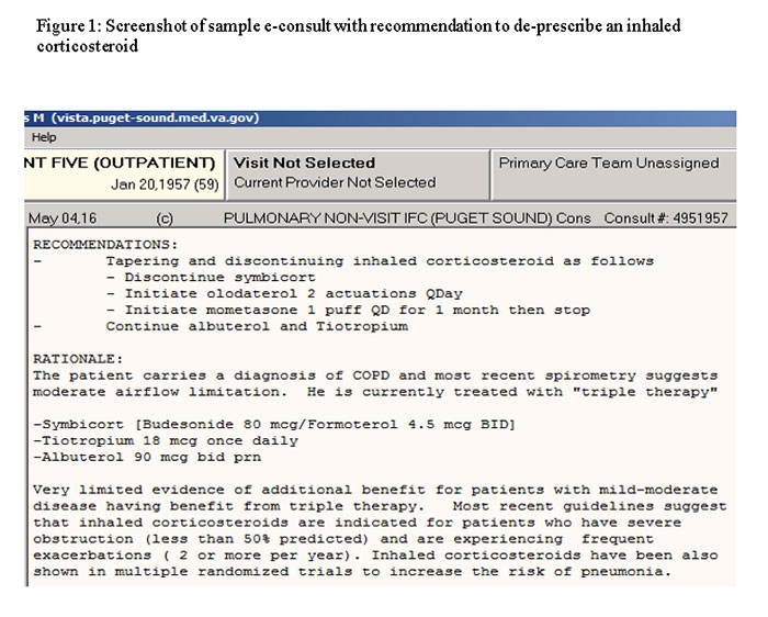 Screenshot of sample e-consult with recommendation to de-presribe an inhaled corticosteroid
