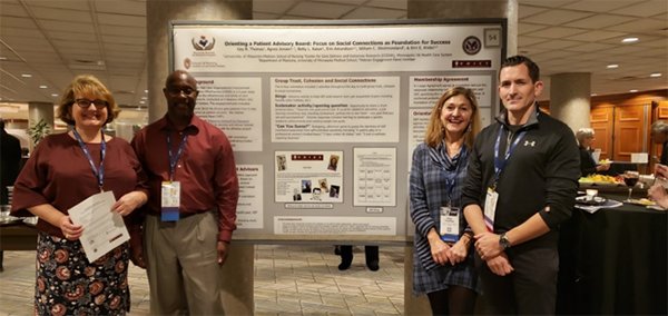 VEP co-presenting at the 2018 PCORI Annual Meeting in Washington, DC.  Left to right: Agnes Jensen (CCDOR; US Navy Veteran), William Westmoreland (VEP; US Army Veteran), Gay Thomas (Wisconsin Network for Research Support), and Elijah Sacra (VEP; US Marine Corps Veteran).  
