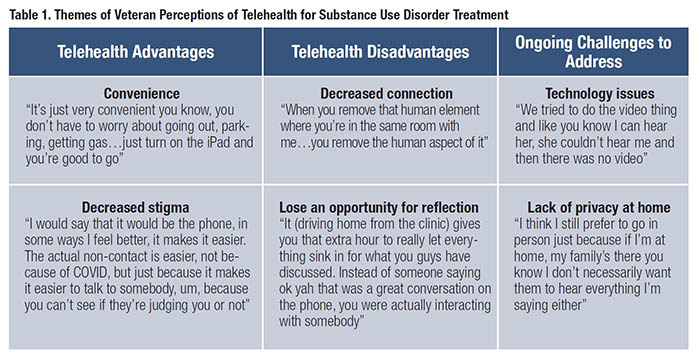 Table 1. Themes of Veteran Perceptions of Telehealth for Substance Use Disorder Treatment